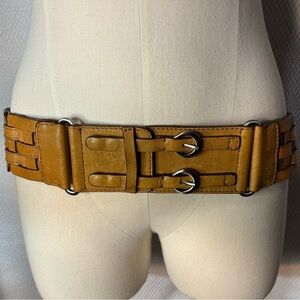 BELT Tan Woven Leather Belt With Snap Buttons and Elastic Back
